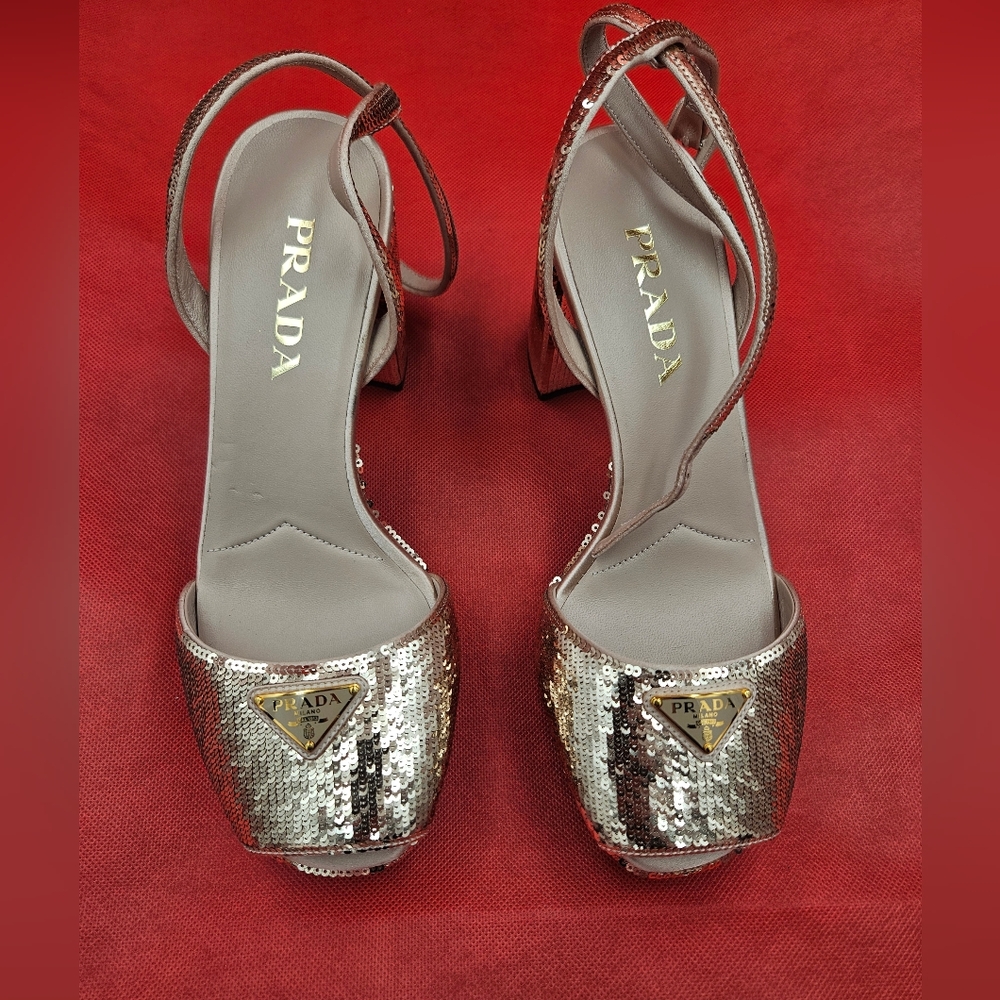 Prada Women's Gold Sequin Block Heel Sandals